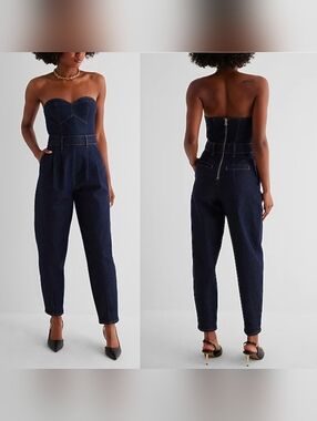 NWOT $109 Express Dark Blue Wash DENIM BUSTIER Corset JUMPSUIT Women's 6 Barrel
